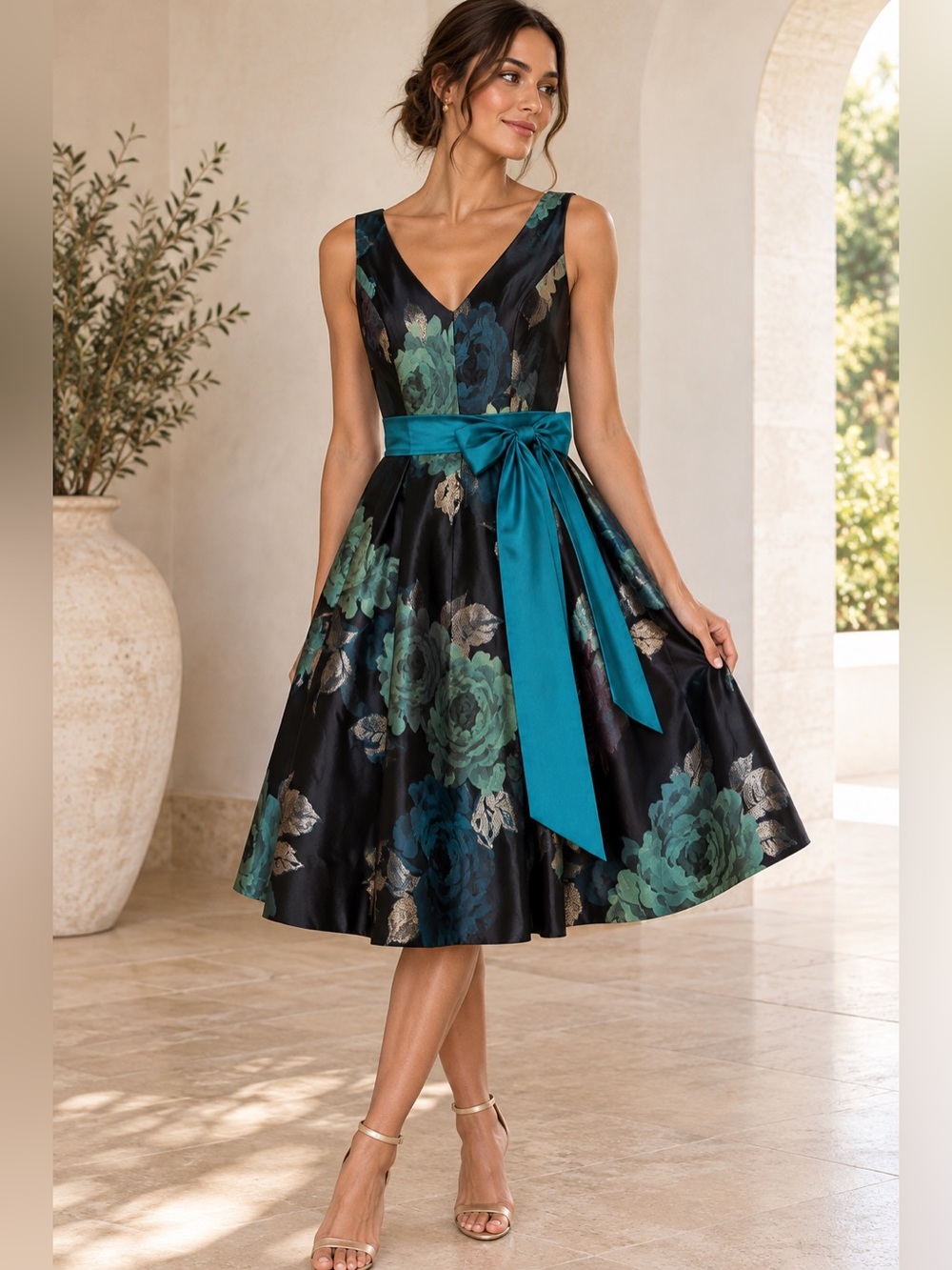Eliza J Black Teal Floral Fit & Flare Dress Sash NWT 8